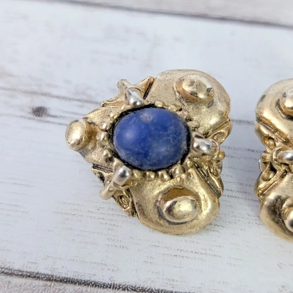 Vintage Clip On Earrings Chunky Gold Tone Heart Blue Center - Condition Issues